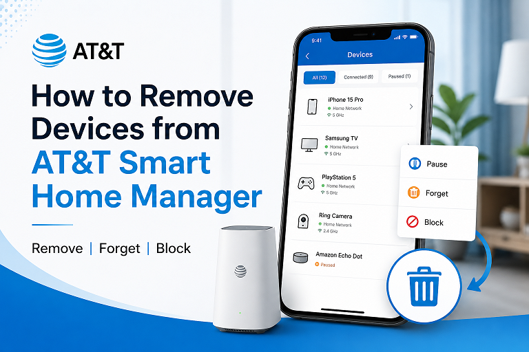 AT&T Smart Home Manager app showing connected devices, unknown device warning, pause button, block device option, and WiFi password settings on a smartphone