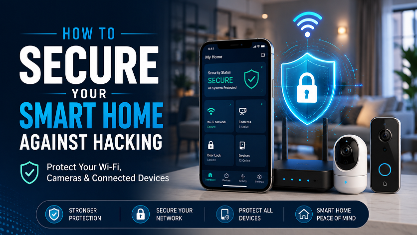 Smart home security dashboard showing protected WiFi router, smart cameras, door lock, phone, and IoT devices secured against hacking