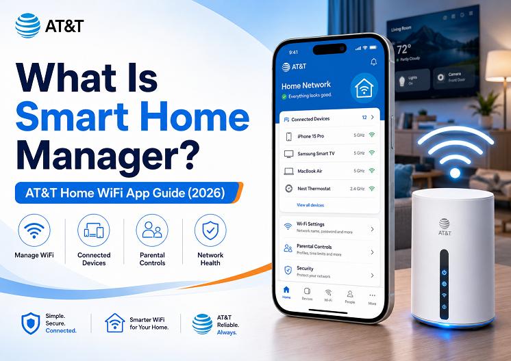 AT&T Smart Home Manager app dashboard showing connected devices, WiFi settings, parental controls, and home network speed test on a smartphone