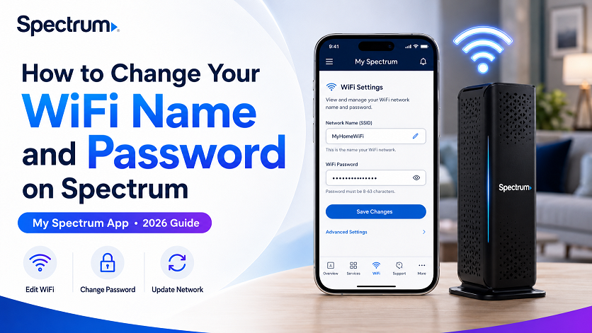 My Spectrum app screen showing options to edit WiFi network name and password under Advanced WiFi settings