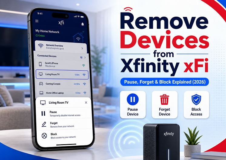 Xfinity xFi app device list showing options to pause, forget, or block a connected device
