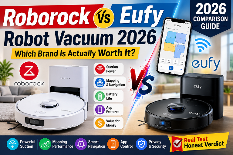 Roborock Q7 M5 Plus and Eufy C28 Omni robot vacuums side by side comparison on hardwood floor 2026