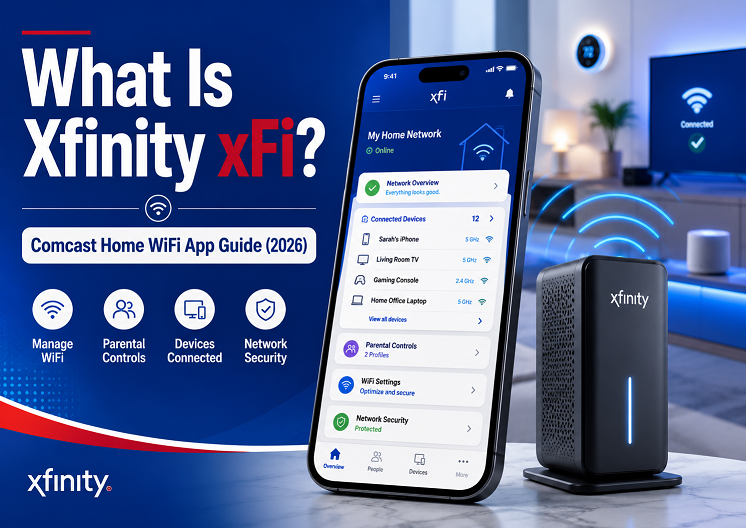 Xfinity xFi app dashboard showing connected devices, parental controls, and xFi Advanced Security on a smartphone
