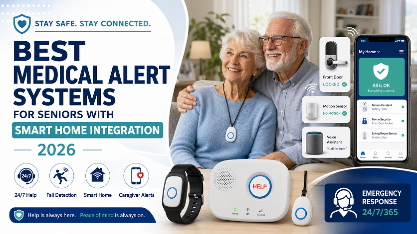 Best medical alert systems for seniors with smart home integration 2026 — Bay Alarm Medical pendant next to Amazon Echo Show displaying family check-in