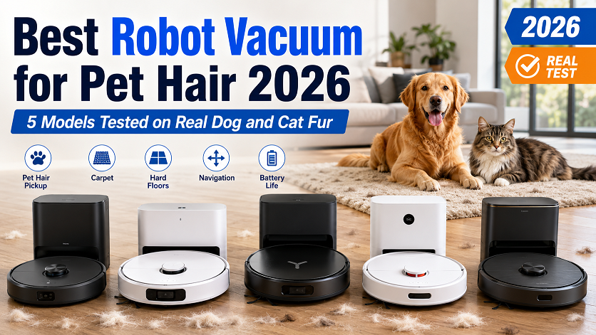 Roborock Saros 20 robot vacuum picking up dog hair on carpet with auto-empty dock in background