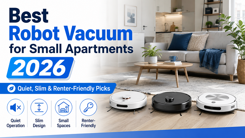 Tapo RV30 Max Plus robot vacuum with auto-empty dock in a small apartment corner, 2026