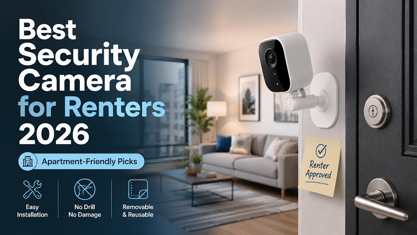 est security camera for renters 2026 — comparison of Wyze Cam v4, Blink Outdoor 4, Eufy SoloCam S340 and Reolink Argus 4 Pro showing no-drill mounting options and prices