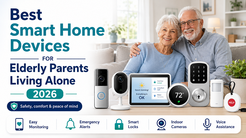 Best smart home devices for elderly parents living alone 2026 — medical alert pendant, motion sensor light, video doorbell, and smart smoke detector arranged on a kitchen counter