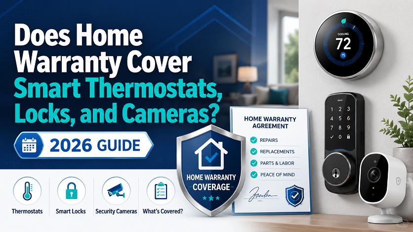 Home warranty document next to Nest thermostat, smart lock, and Ring security camera showing coverage question 2026