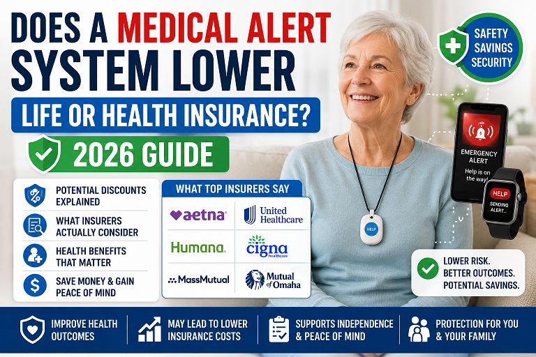 Senior holding medical alert pendant next to Medicare card and insurance documents showing coverage and discount options 2026