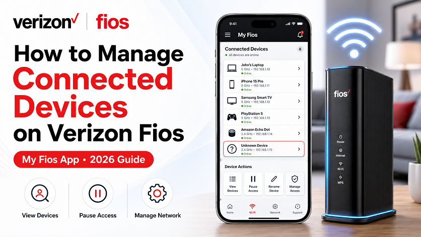 My Fios app connected devices screen showing options to view and pause devices on a Verizon Fios network