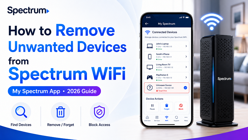 My Spectrum app device list showing connected devices with options to pause an unwanted device