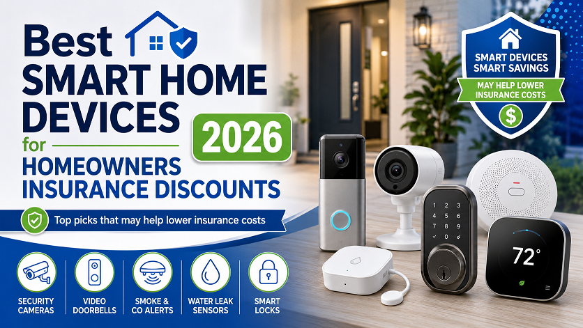 Smart home devices for homeowners insurance discounts 2026 — security system, smoke detector, water leak sensor, smart lock, and thermostat grouped together